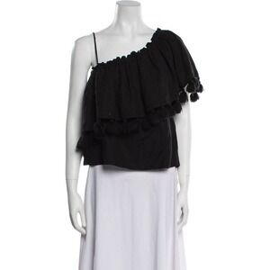 MISA Los Angeles Black One Shoulder Ruffle Tassel‎ Crop Top Linen Blend - Size S